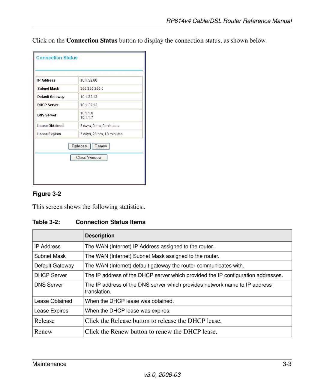 NETGEAR RP614v4 Cable/DSL Router manual Connection Status Items 