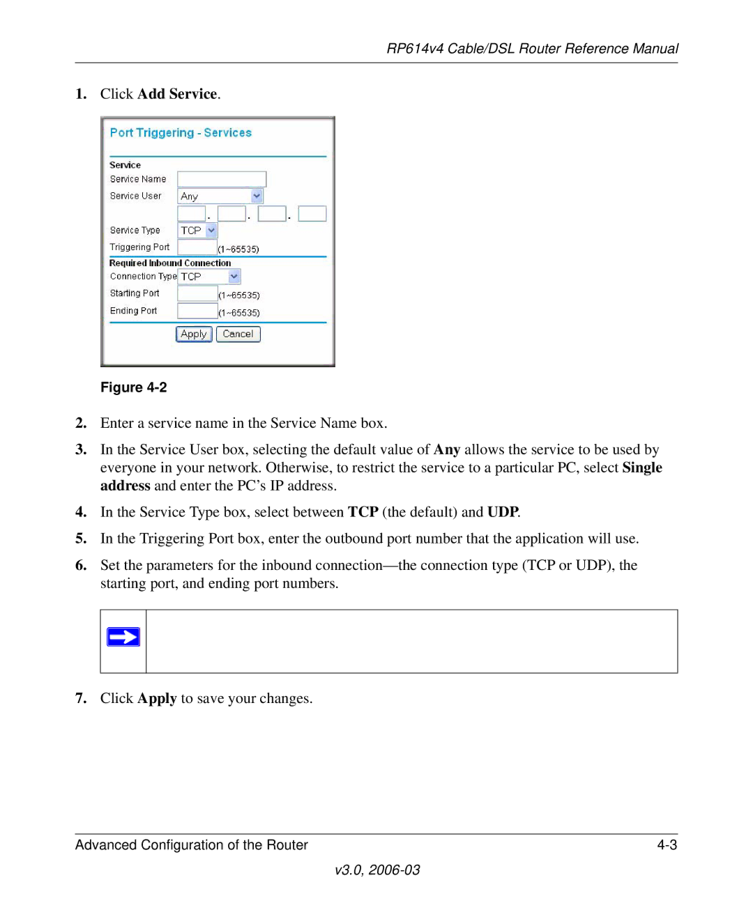 NETGEAR RP614v4 Cable/DSL Router manual Click Add Service 