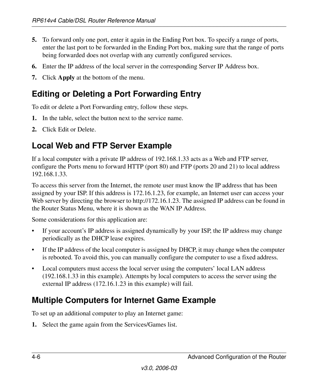 NETGEAR RP614v4 Cable/DSL Router manual Editing or Deleting a Port Forwarding Entry, Local Web and FTP Server Example 