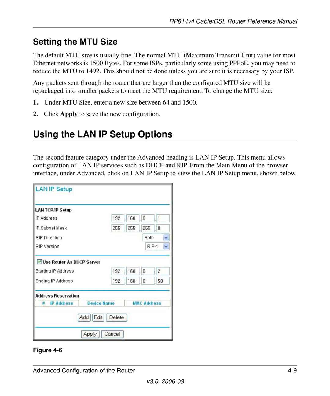 NETGEAR RP614v4 Cable/DSL Router manual Using the LAN IP Setup Options, Setting the MTU Size 