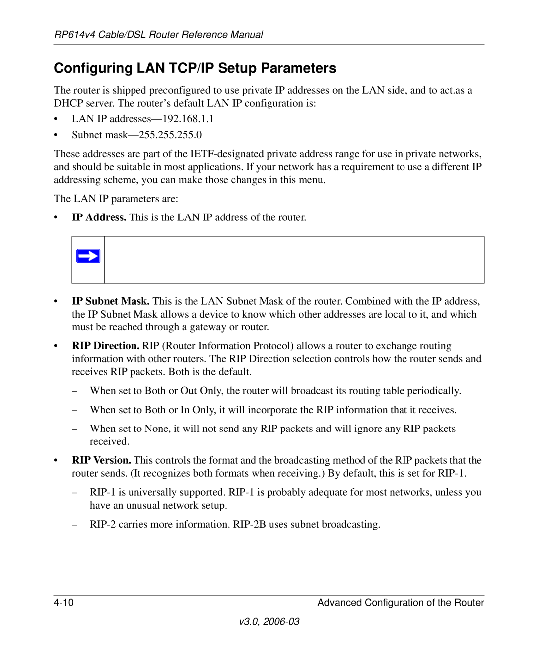 NETGEAR RP614v4 Cable/DSL Router manual Configuring LAN TCP/IP Setup Parameters 