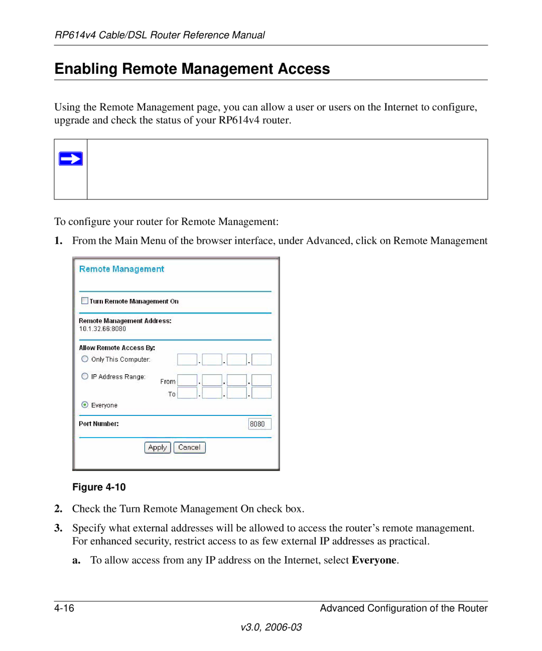 NETGEAR RP614v4 Cable/DSL Router manual Enabling Remote Management Access 