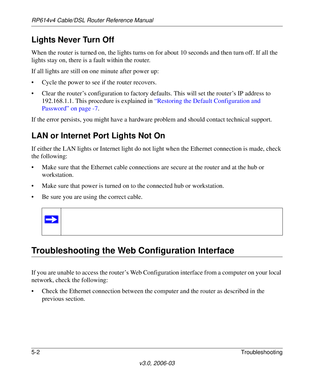 NETGEAR RP614v4 Cable/DSL Router manual Troubleshooting the Web Configuration Interface, Lights Never Turn Off 