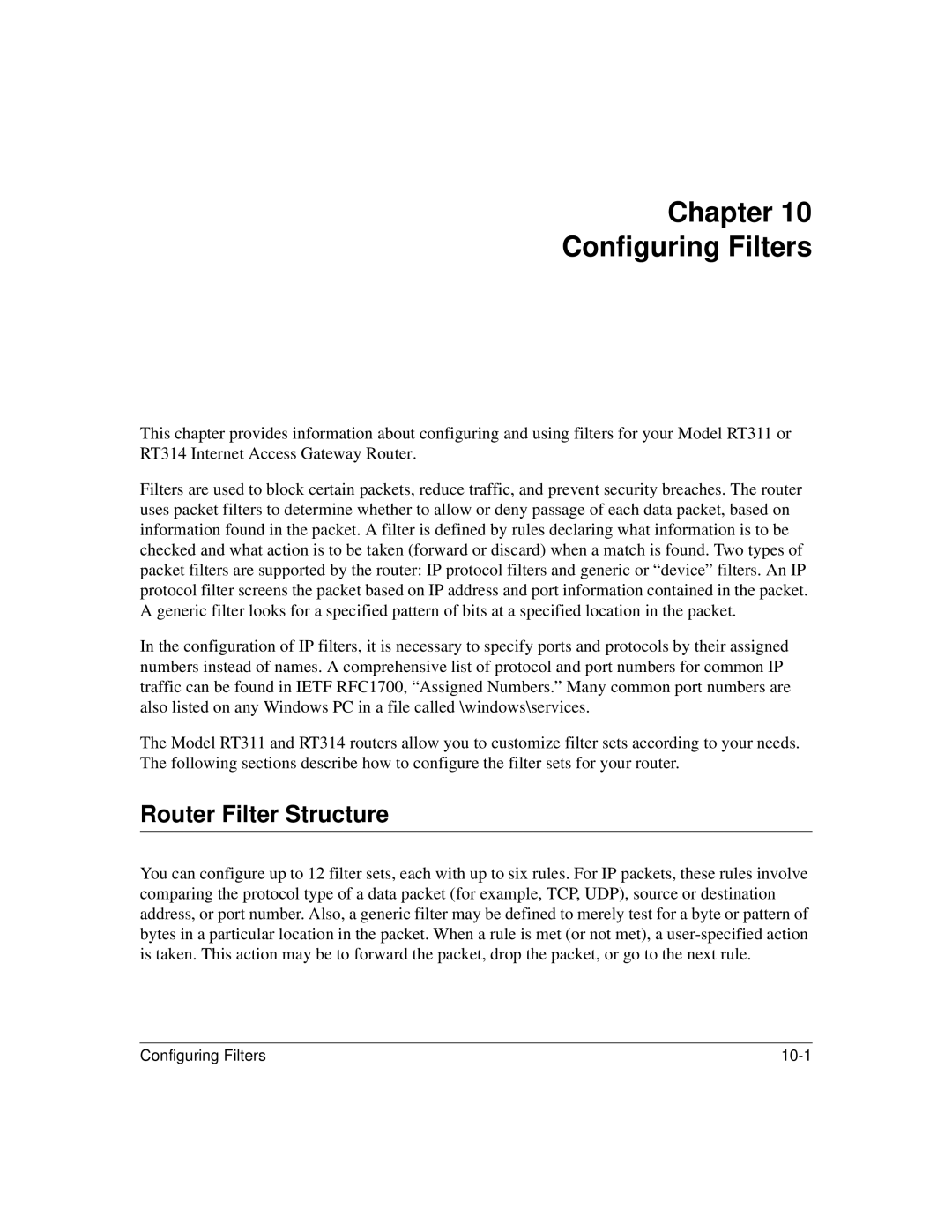 NETGEAR RT311, RT314 manual Chapter Configuring Filters, Router Filter Structure 