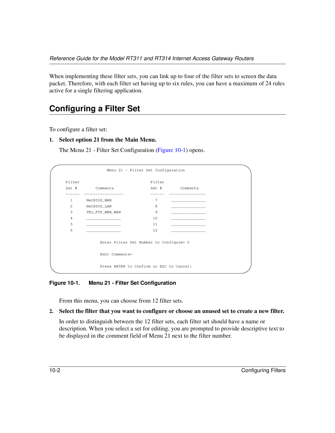 NETGEAR RT314, RT311 manual Configuring a Filter Set, Menu 21 Filter Set Configuration 