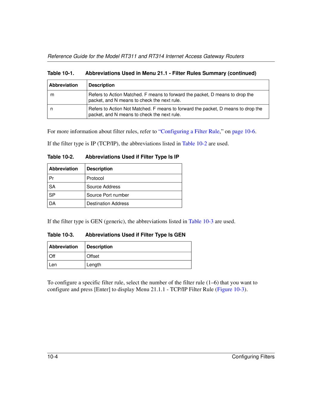 NETGEAR RT314, RT311 manual Abbreviations Used if Filter Type Is IP, Abbreviations Used if Filter Type Is GEN 