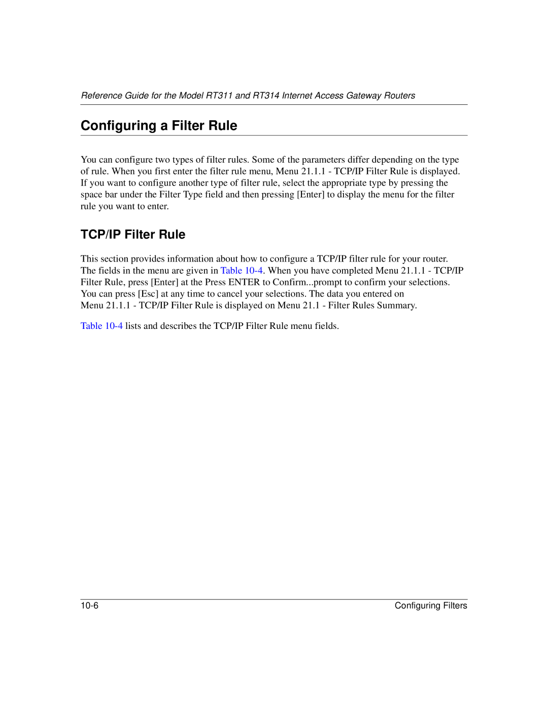 NETGEAR RT314, RT311 manual Configuring a Filter Rule, TCP/IP Filter Rule 