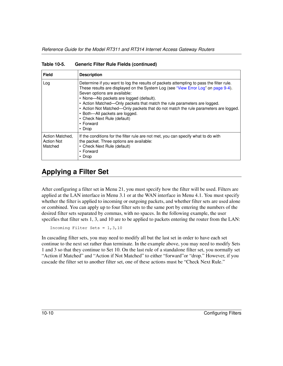 NETGEAR RT314, RT311 manual Applying a Filter Set 