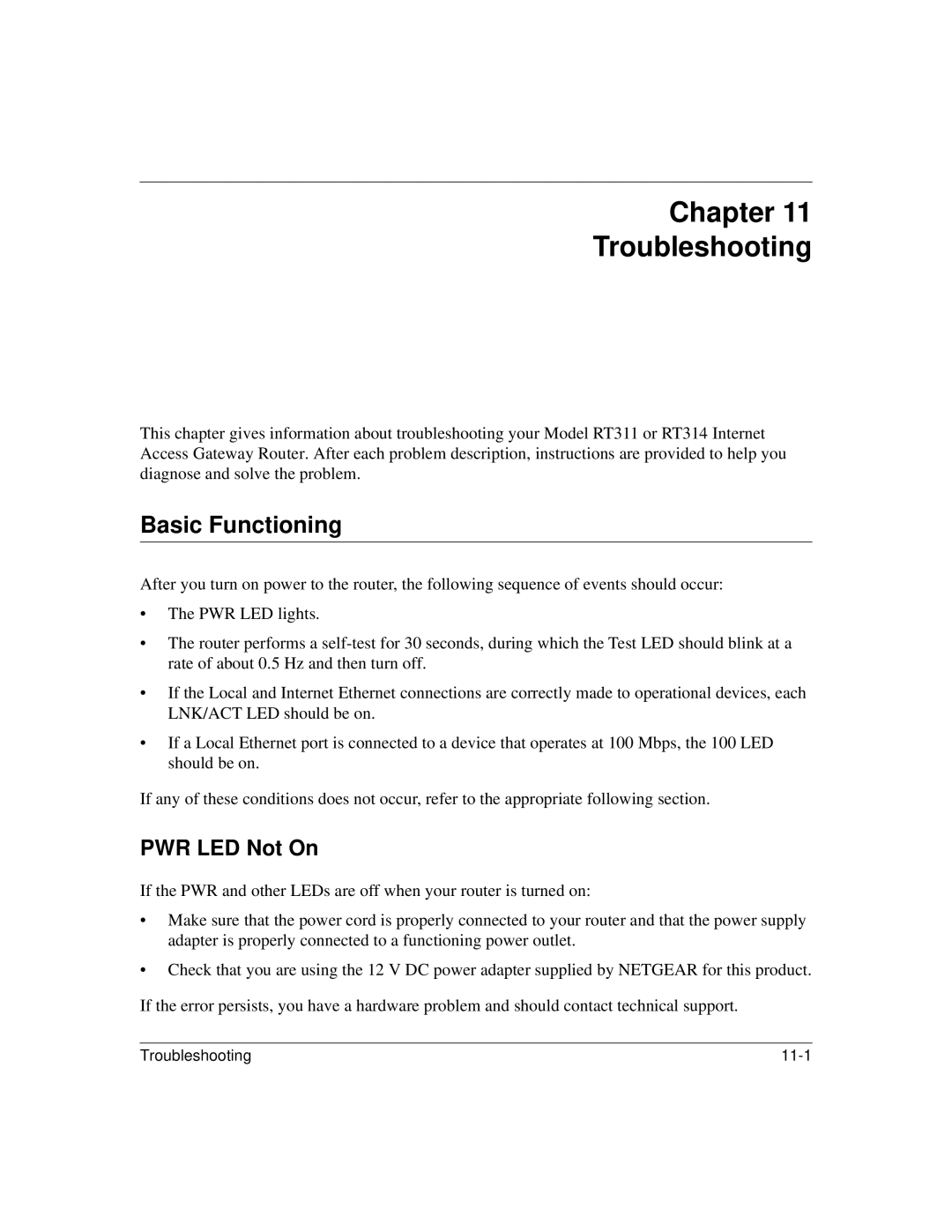 NETGEAR RT311, RT314 manual Chapter Troubleshooting, Basic Functioning, PWR LED Not On 