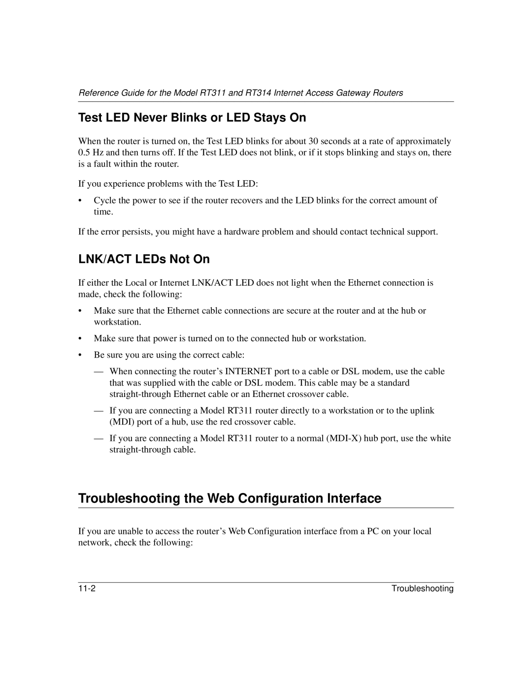 NETGEAR RT314 Troubleshooting the Web Configuration Interface, Test LED Never Blinks or LED Stays On, LNK/ACT LEDs Not On 