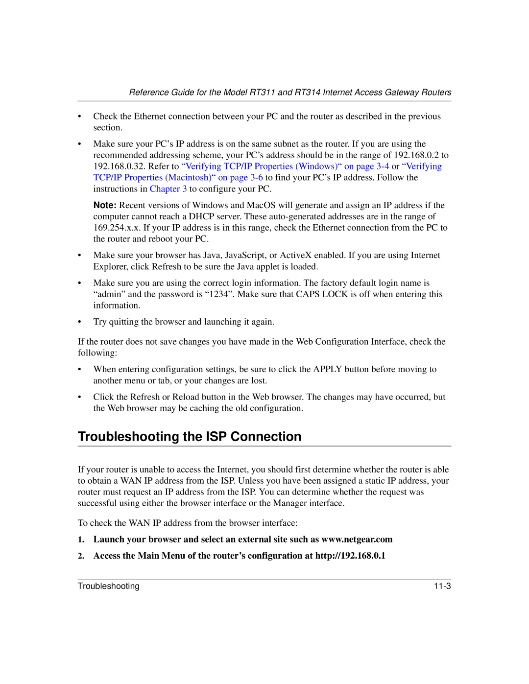 NETGEAR RT311, RT314 manual Troubleshooting the ISP Connection 