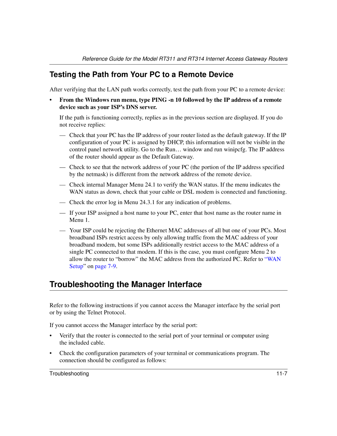 NETGEAR RT311, RT314 manual Troubleshooting the Manager Interface, Testing the Path from Your PC to a Remote Device 