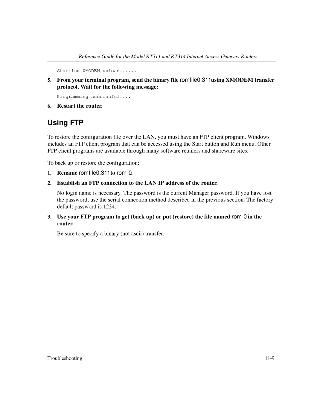 NETGEAR RT311, RT314 manual Using FTP, Rename romfile0.311 to rom-0 