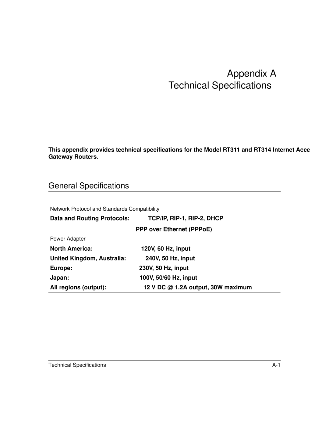 NETGEAR RT311 Appendix a Technical Specifications, General Specifications, Network Protocol and Standards Compatibility 