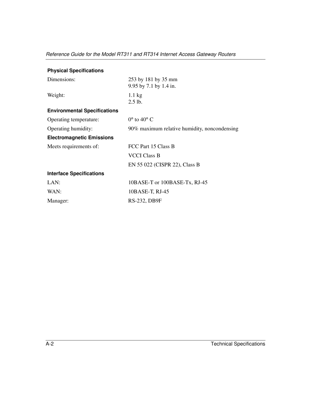 NETGEAR RT314 Physical Specifications, Environmental Specifications, Electromagnetic Emissions, Interface Specifications 