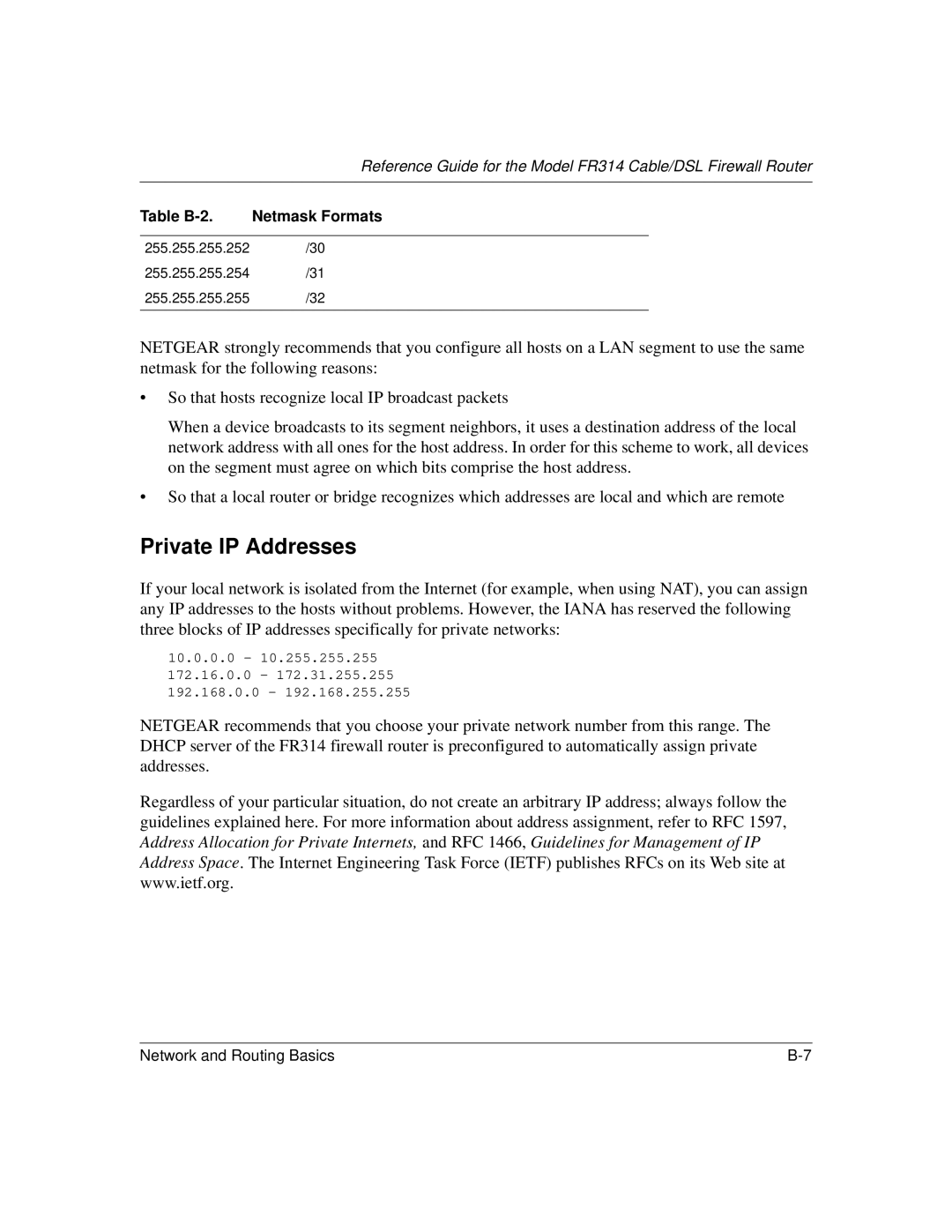 NETGEAR RT311, RT314 manual Private IP Addresses 