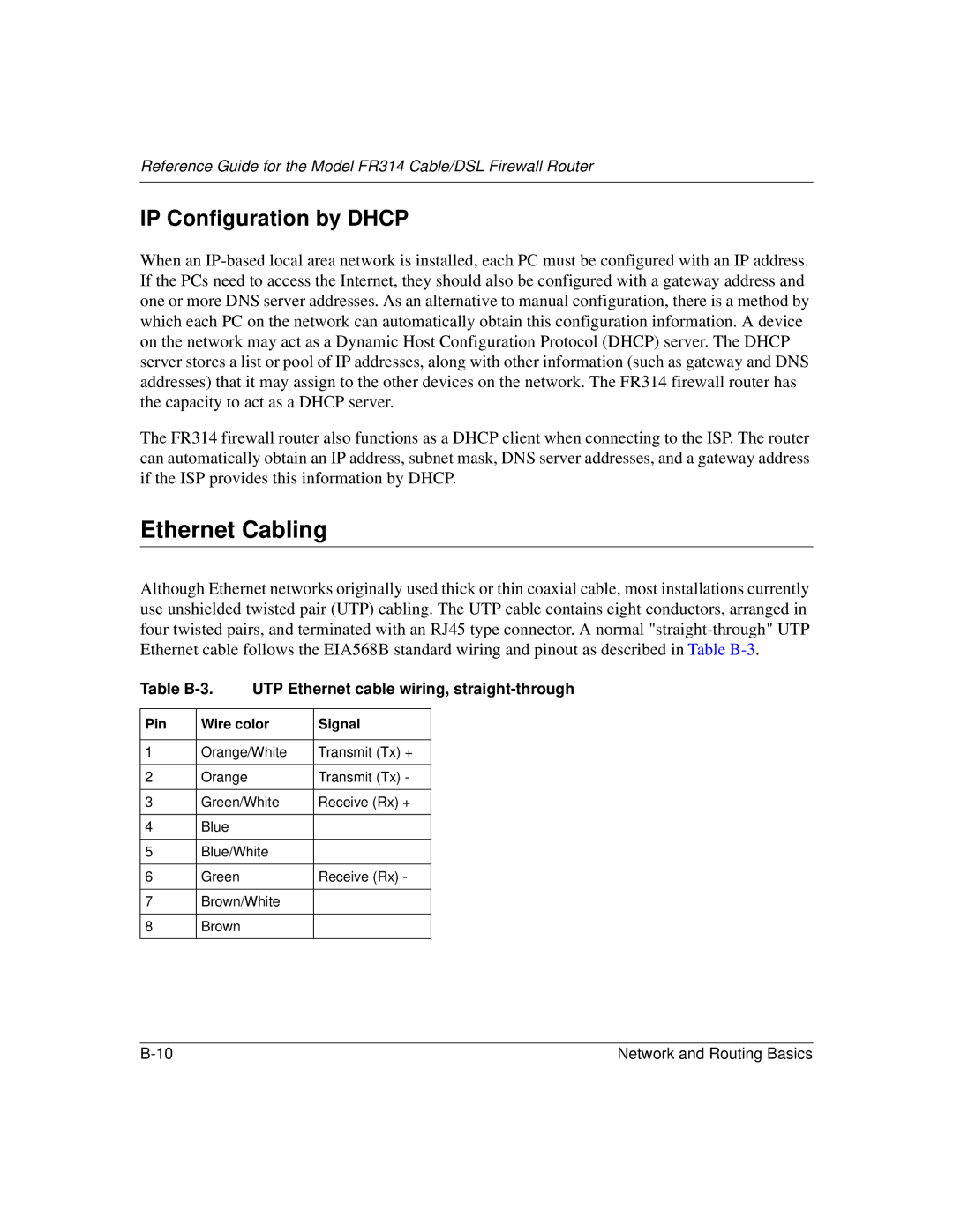 NETGEAR RT314, RT311 Ethernet Cabling, IP Configuration by Dhcp, Table B-3 UTP Ethernet cable wiring, straight-through 