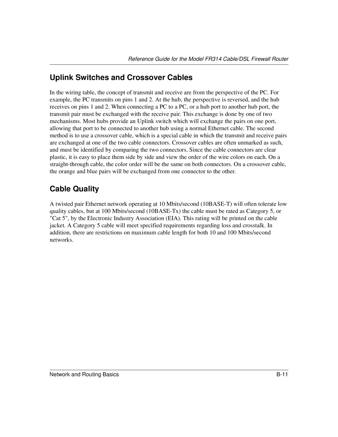 NETGEAR RT311, RT314 manual Uplink Switches and Crossover Cables, Cable Quality 