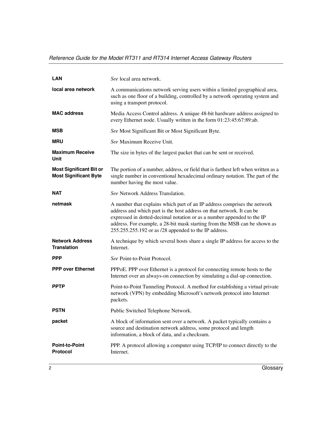 NETGEAR RT314, RT311 manual Or as /28 appended to the IP address, Glossary 