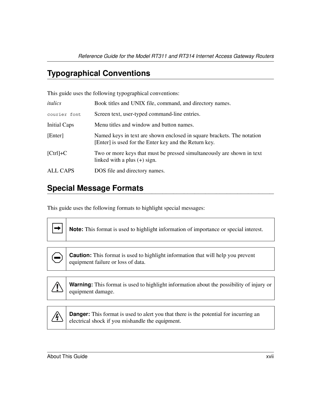 NETGEAR RT311, RT314 manual Typographical Conventions, Special Message Formats 