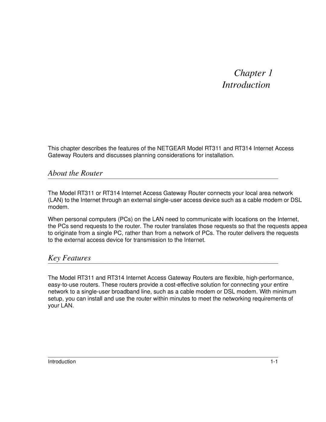 NETGEAR RT311, RT314 manual Chapter Introduction, About the Router, Key Features 