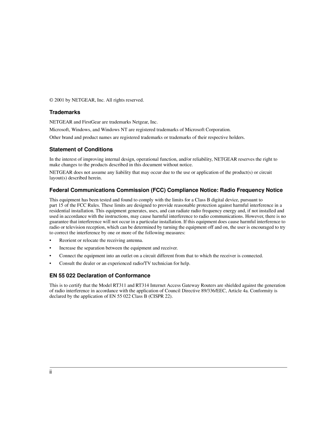 NETGEAR RT314, RT311 manual Trademarks, Statement of Conditions, EN 55 022 Declaration of Conformance 