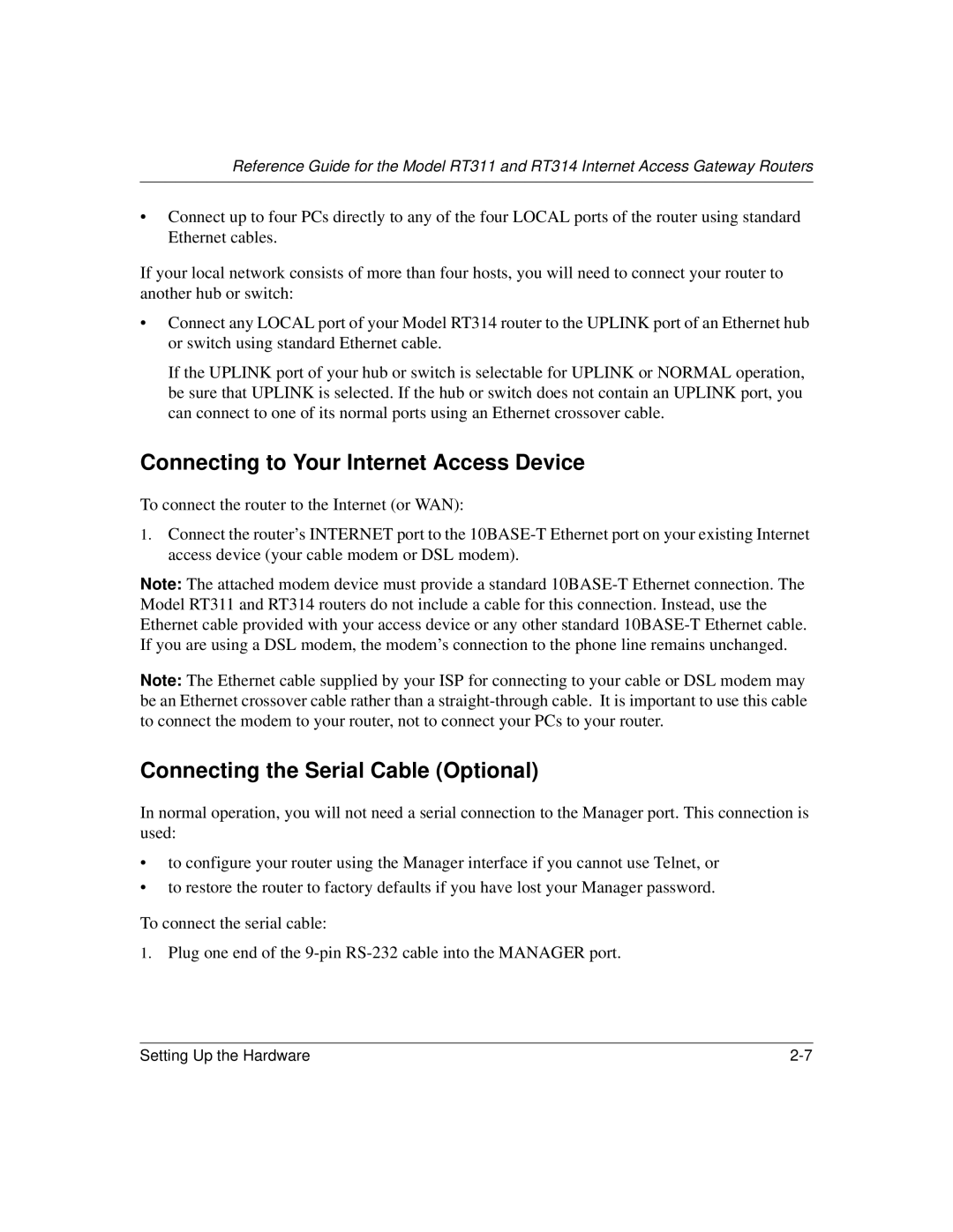 NETGEAR RT311, RT314 manual Connecting to Your Internet Access Device, Connecting the Serial Cable Optional 