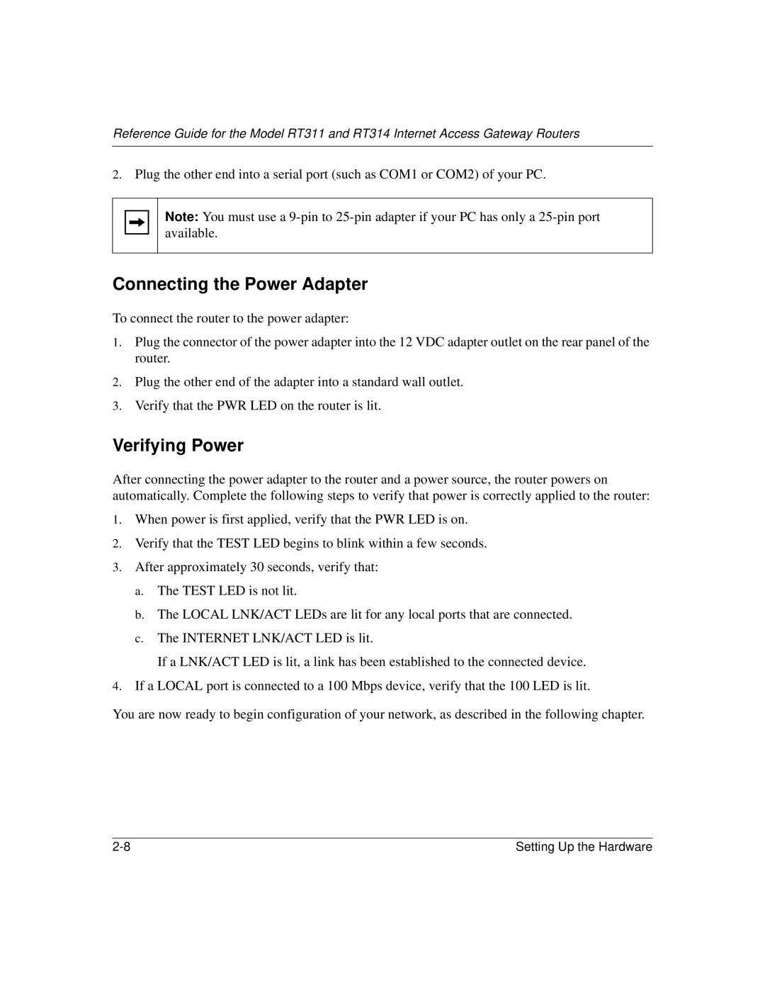 NETGEAR RT314, RT311 manual Connecting the Power Adapter, Verifying Power 