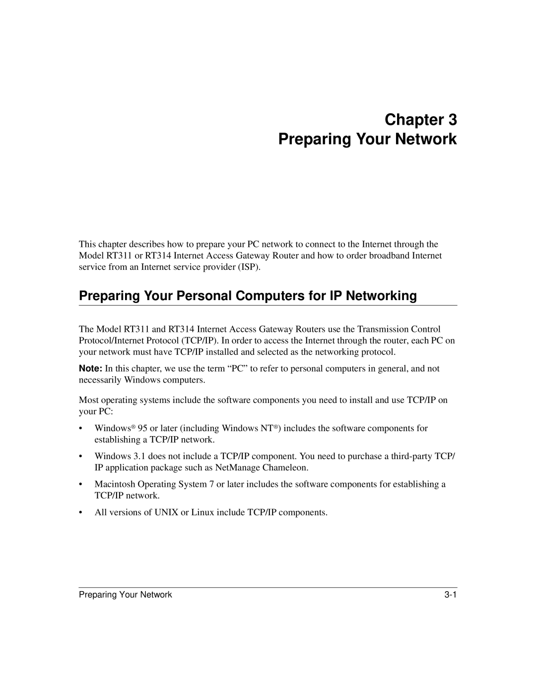 NETGEAR RT311, RT314 manual Chapter Preparing Your Network, Preparing Your Personal Computers for IP Networking 