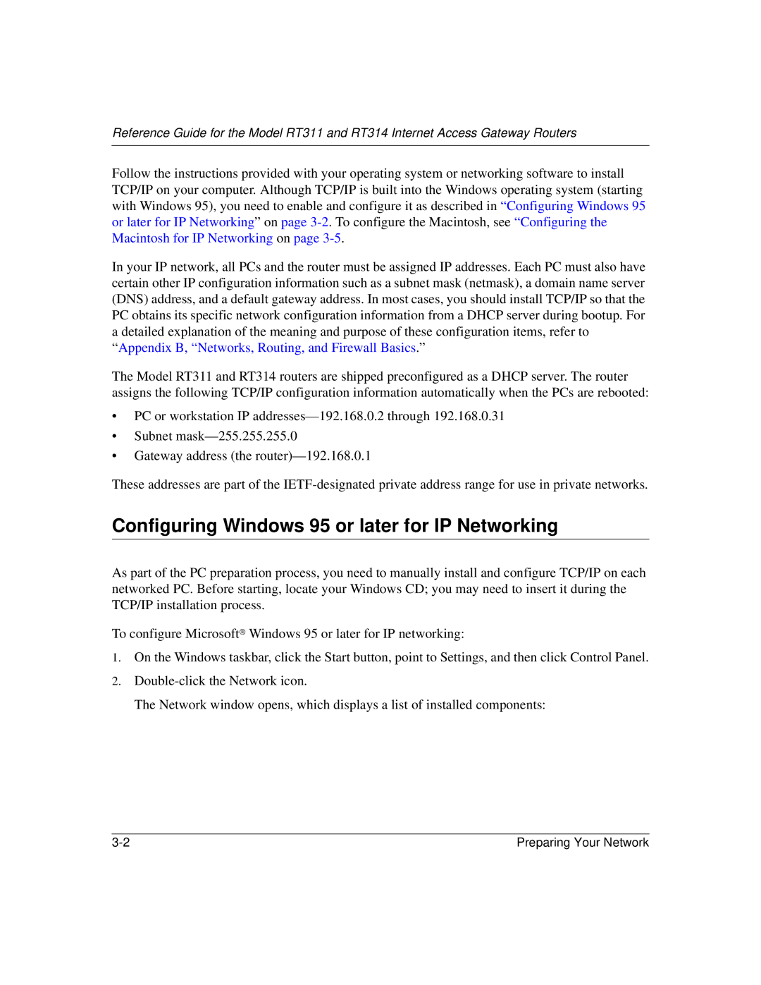 NETGEAR RT314, RT311 Configuring Windows 95 or later for IP Networking, Appendix B, Networks, Routing, and Firewall Basics 