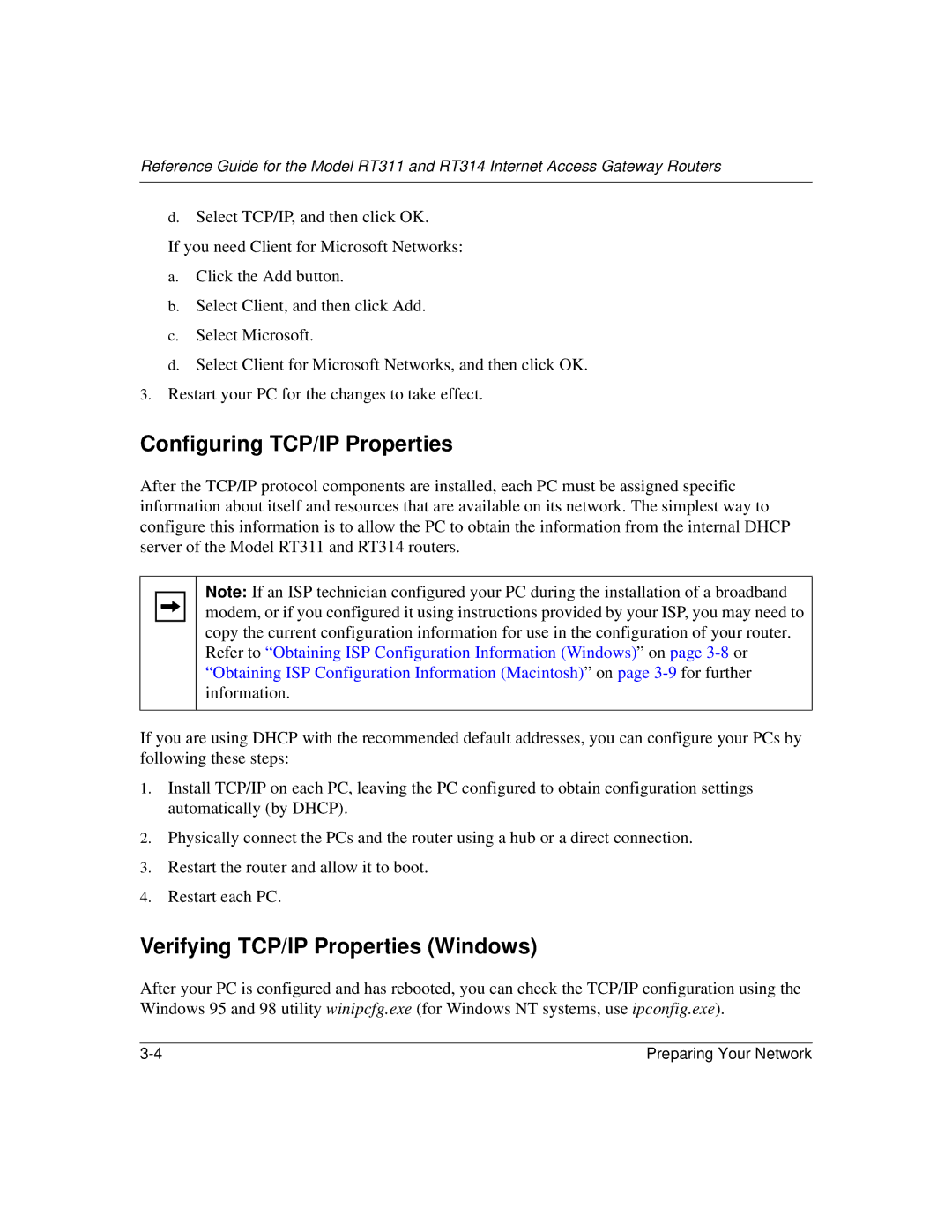 NETGEAR RT314, RT311 manual Configuring TCP/IP Properties, Verifying TCP/IP Properties Windows 