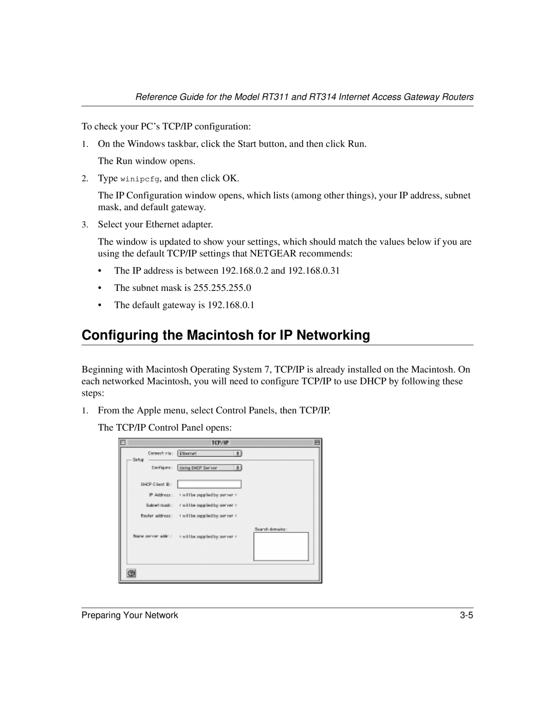 NETGEAR RT311, RT314 manual Configuring the Macintosh for IP Networking 