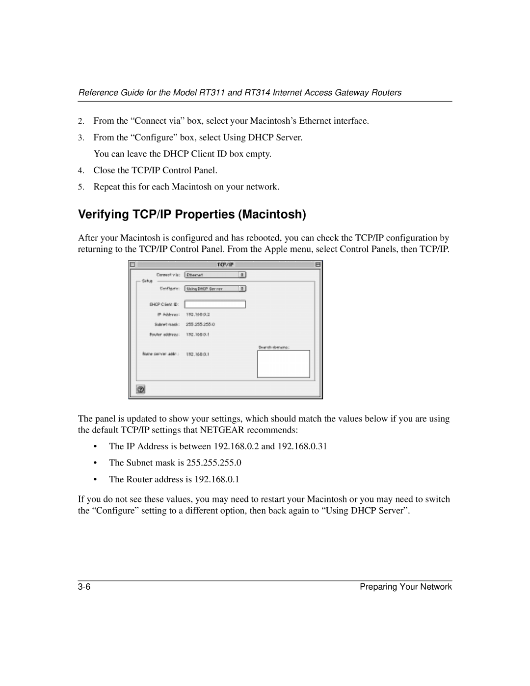 NETGEAR RT314, RT311 manual Verifying TCP/IP Properties Macintosh 