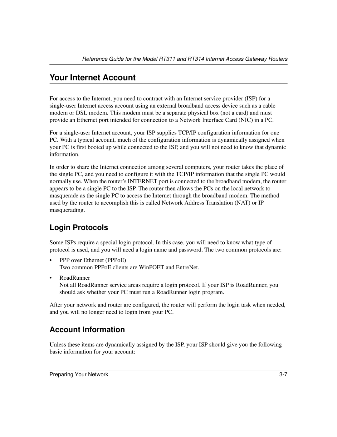 NETGEAR RT311, RT314 manual Your Internet Account, Login Protocols, Account Information 