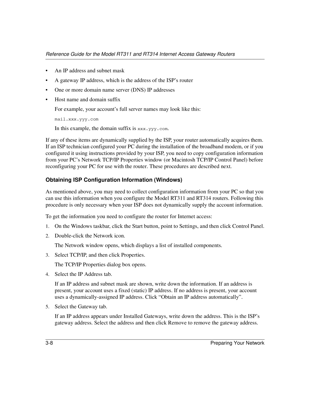 NETGEAR RT314, RT311 manual Obtaining ISP Configuration Information Windows 