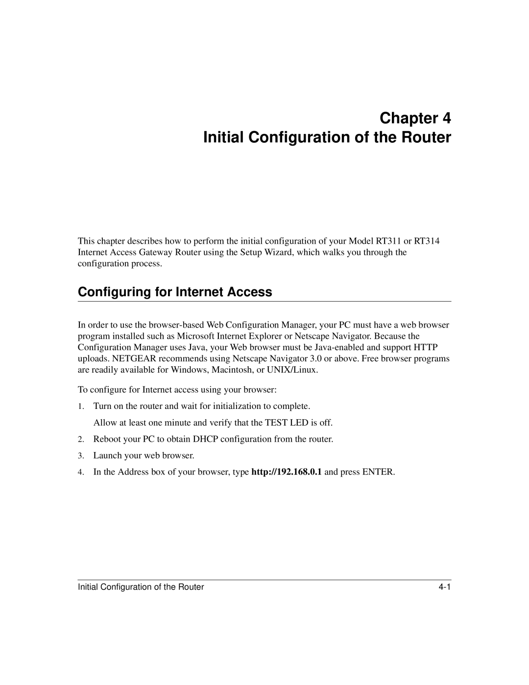 NETGEAR RT311, RT314 manual Chapter Initial Configuration of the Router, Configuring for Internet Access 