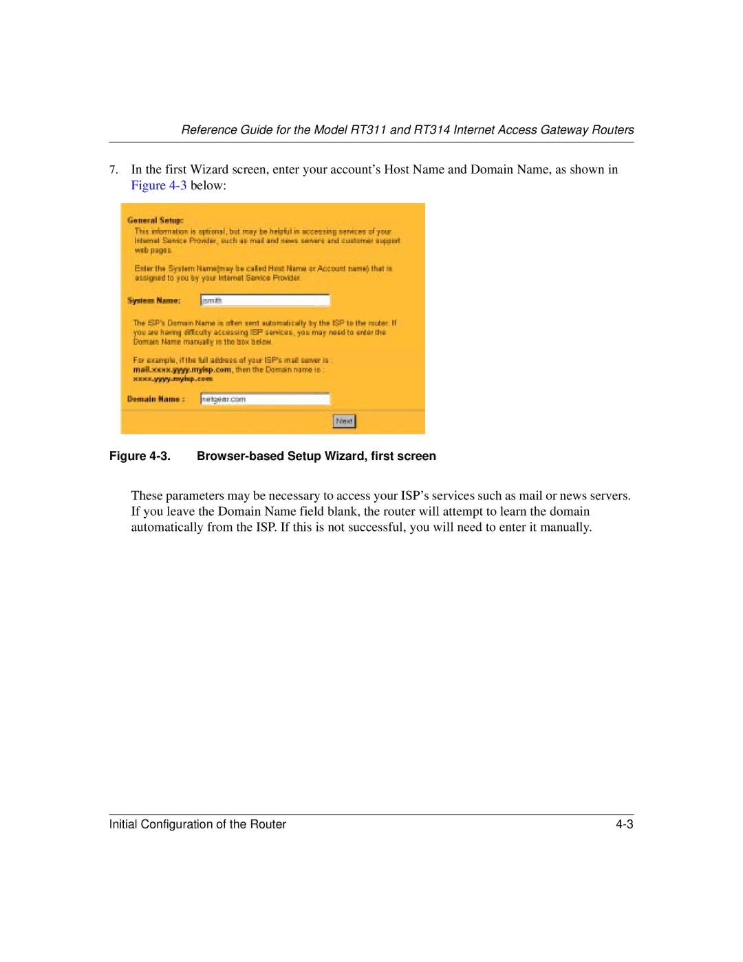 NETGEAR RT311, RT314 manual Browser-based Setup Wizard, first screen 