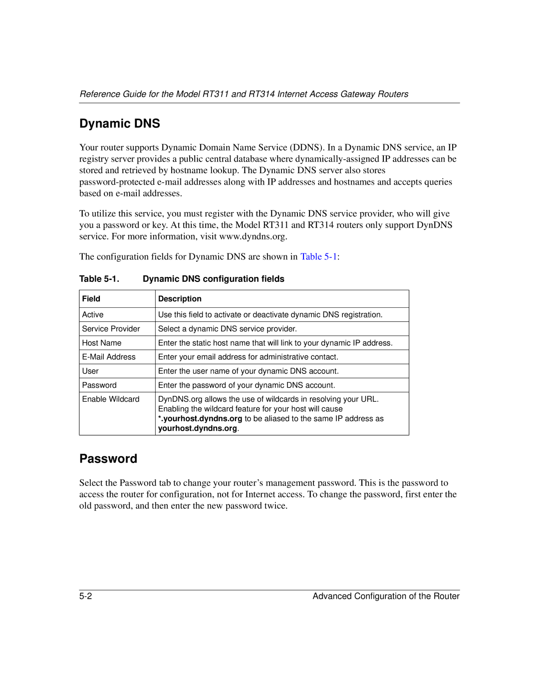 NETGEAR RT314, RT311 manual Password, Dynamic DNS configuration fields 