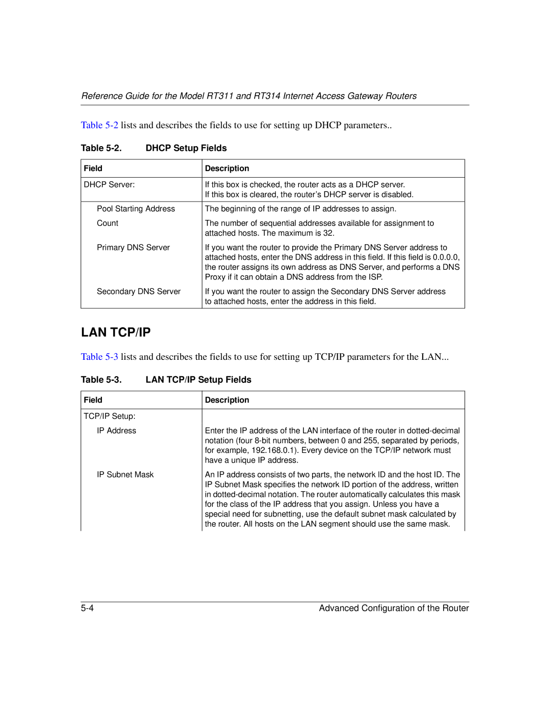 NETGEAR RT314, RT311 manual Dhcp Setup Fields, LAN TCP/IP Setup Fields 