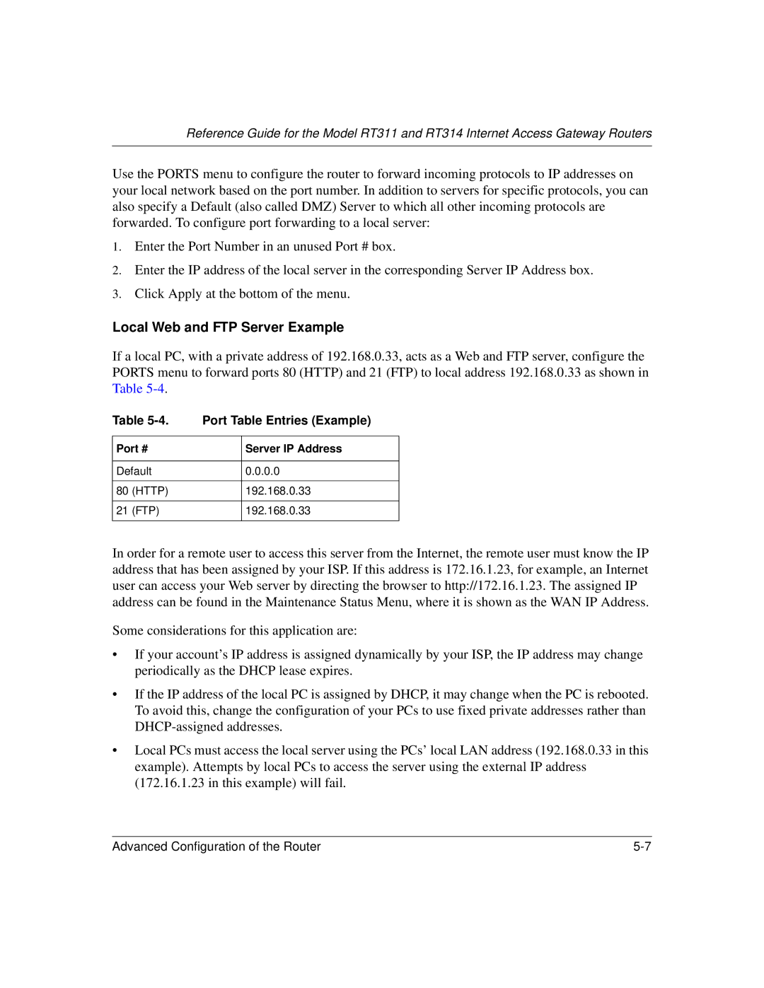 NETGEAR RT311, RT314 manual Local Web and FTP Server Example, Port Table Entries Example 