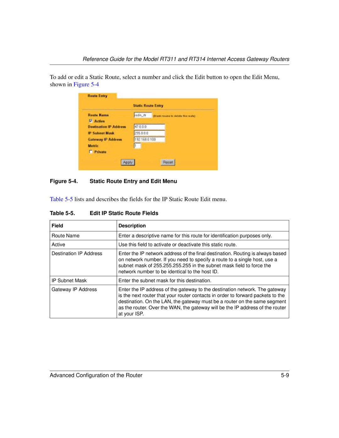 NETGEAR RT311, RT314 manual Static Route Entry and Edit Menu, Edit IP Static Route Fields 