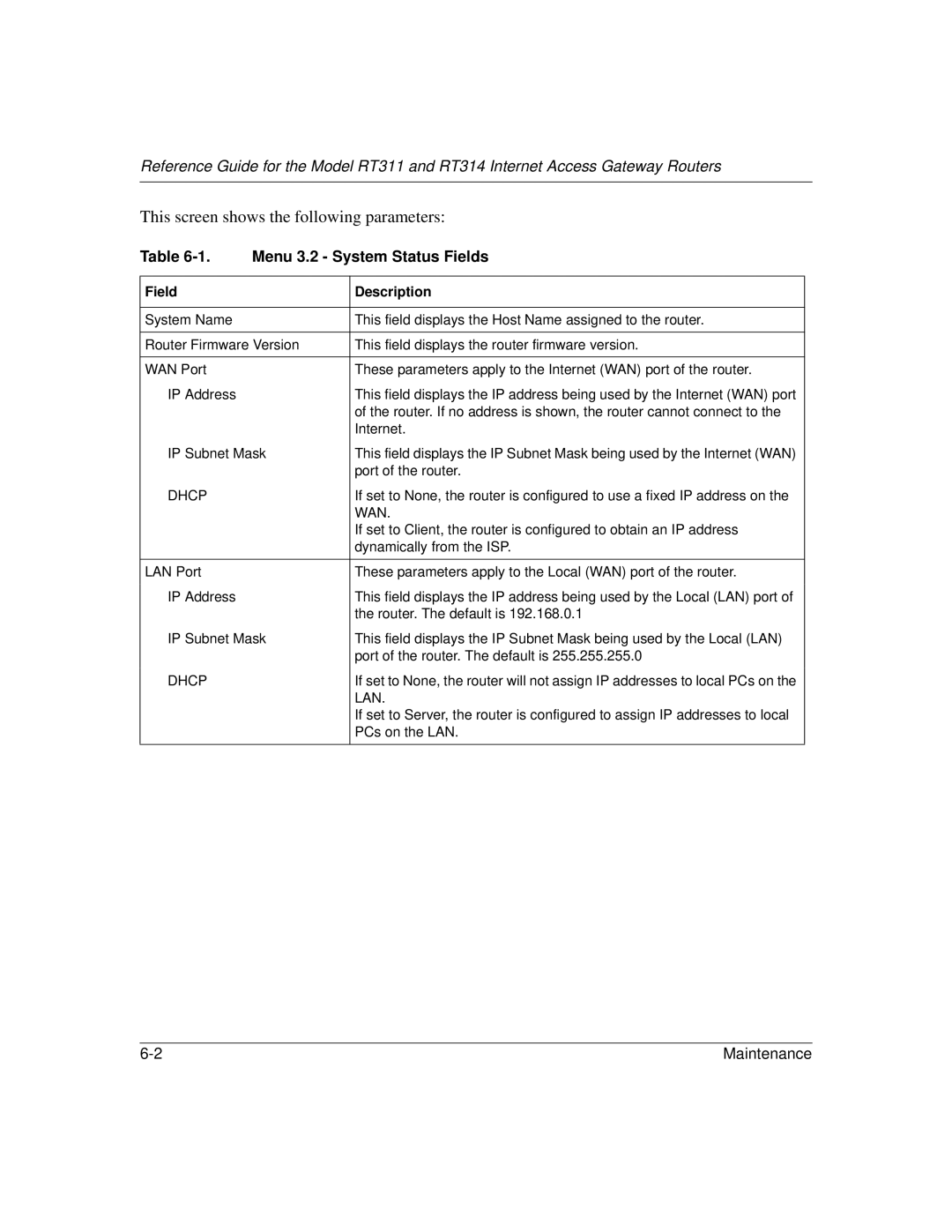 NETGEAR RT314, RT311 manual This screen shows the following parameters, Menu 3.2 System Status Fields 