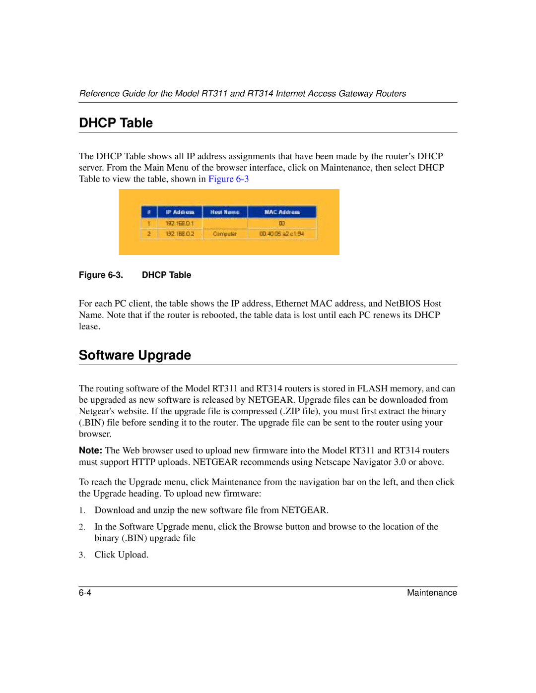 NETGEAR RT314, RT311 manual Dhcp Table, Software Upgrade 