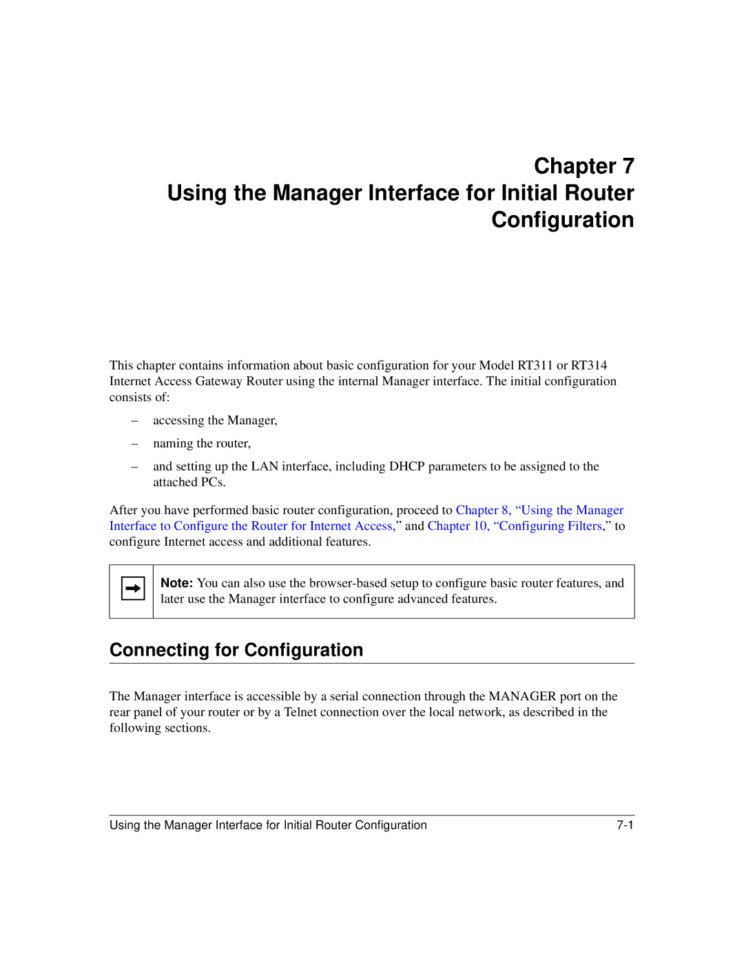 NETGEAR RT311, RT314 manual Using the Manager Interface for Initial Router Configuration, Connecting for Configuration 