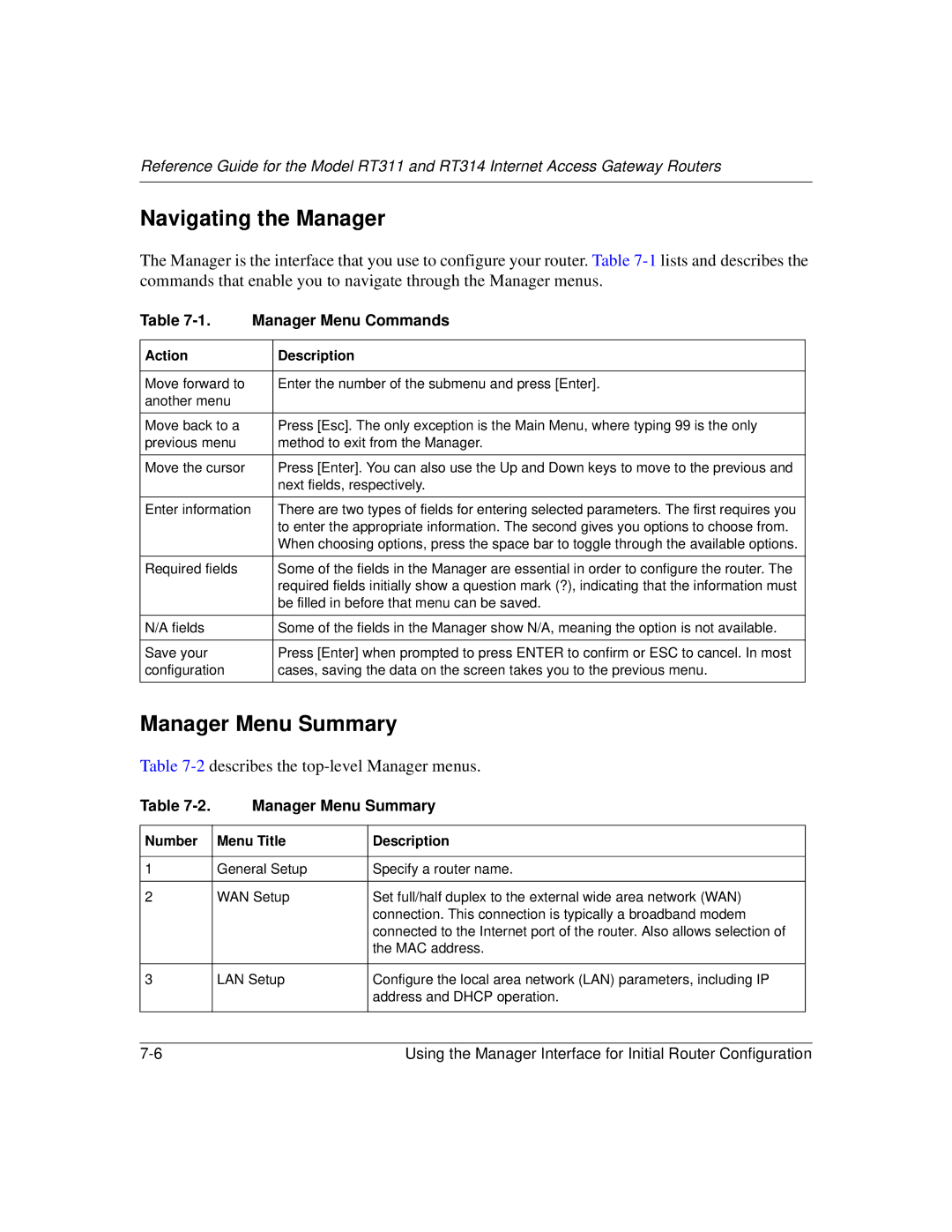 NETGEAR RT314, RT311 manual Navigating the Manager, Manager Menu Summary, Manager Menu Commands 