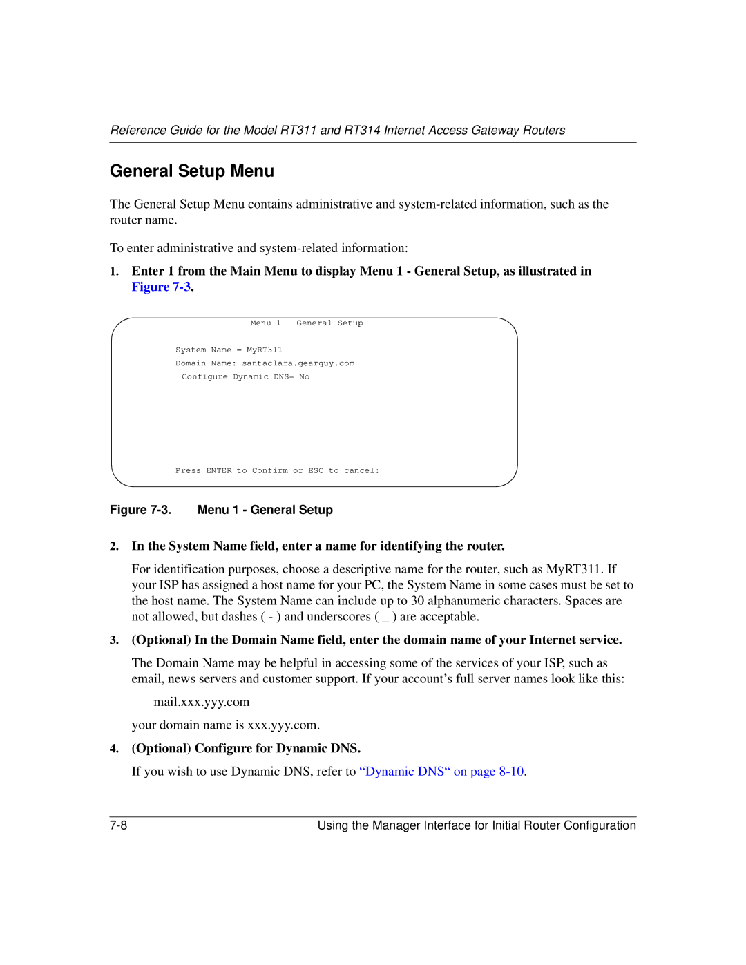 NETGEAR RT314, RT311 manual General Setup Menu, Menu 1 General Setup 