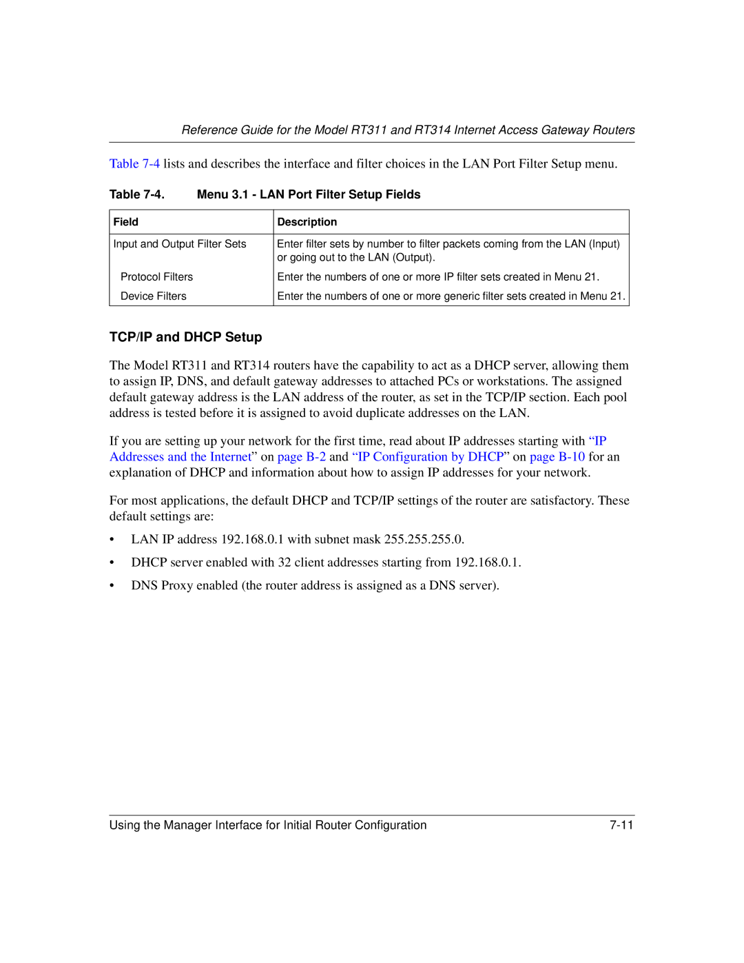 NETGEAR RT311, RT314 manual TCP/IP and Dhcp Setup, Menu 3.1 LAN Port Filter Setup Fields 