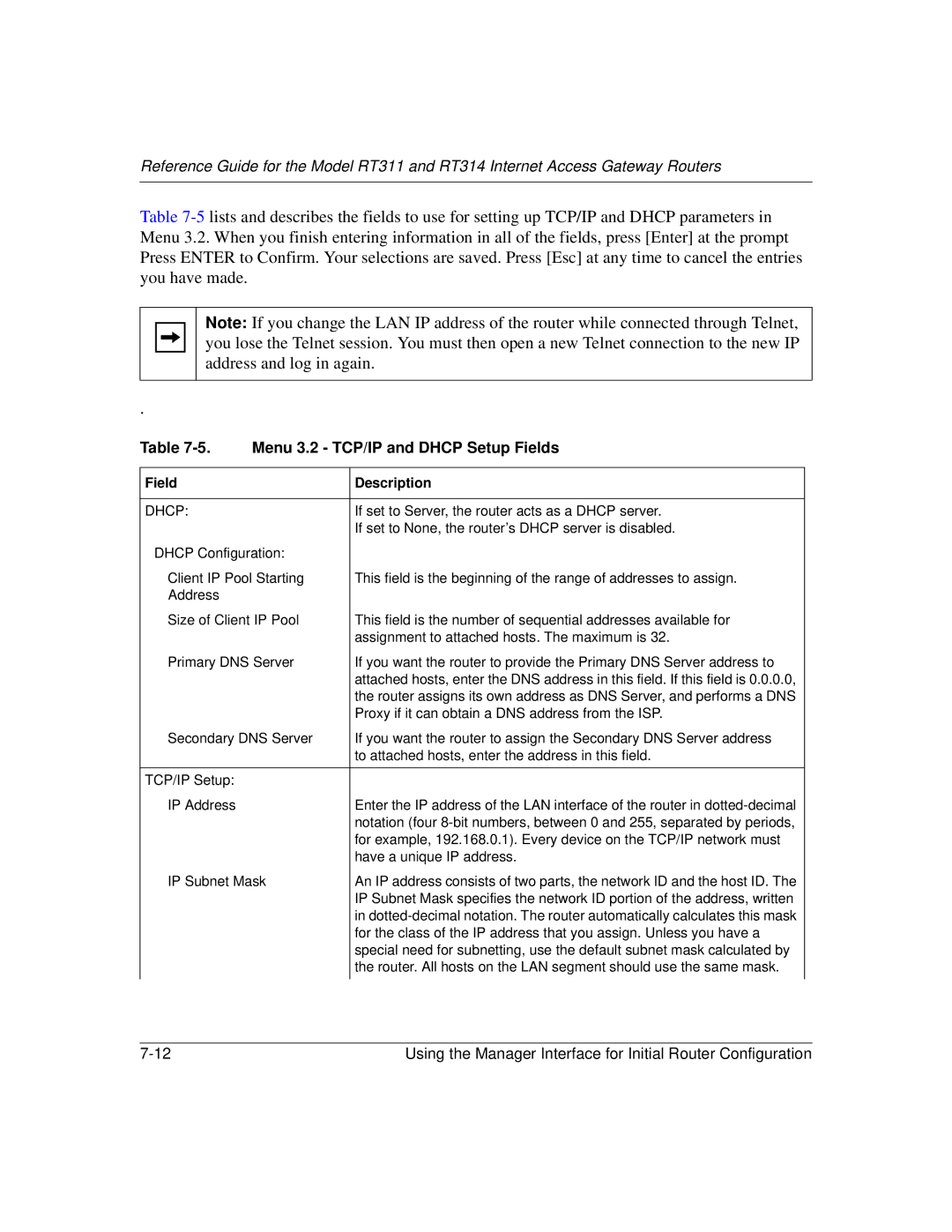 NETGEAR RT314, RT311 manual Menu 3.2 TCP/IP and Dhcp Setup Fields 