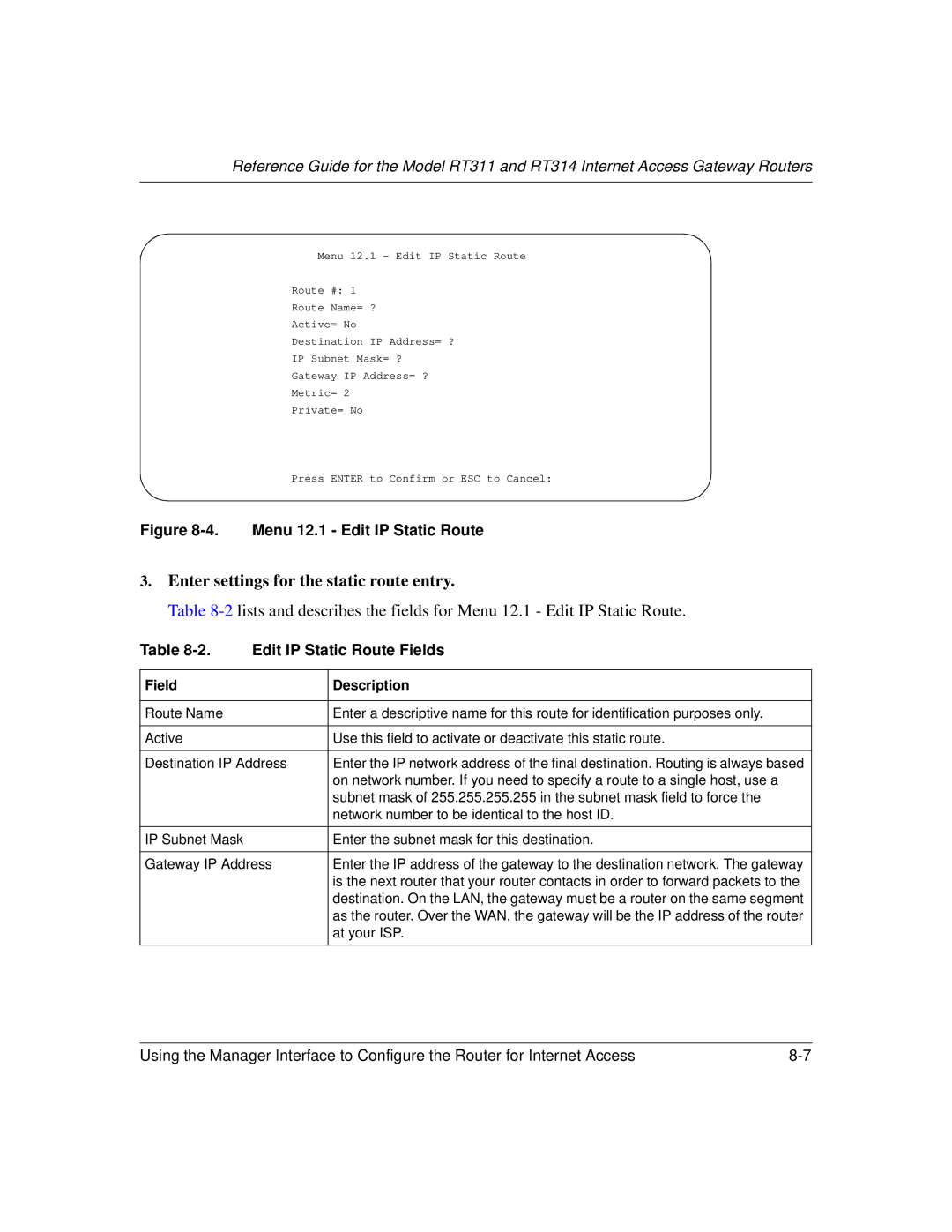 NETGEAR RT311, RT314 manual Enter settings for the static route entry 