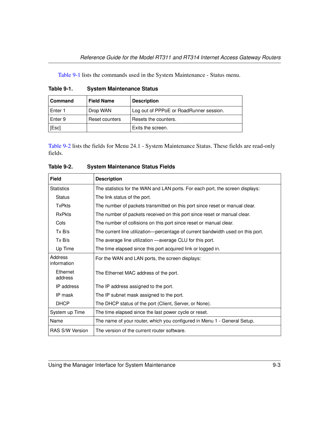 NETGEAR RT311, RT314 manual System Maintenance Status Fields 